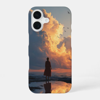 Coque iPhone 16 Coucher de soleil Solitude : Femme en robe rouge