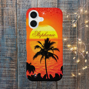 Coque iPhone 16 Coucher de soleil sur l'océan avec arbre à palmes