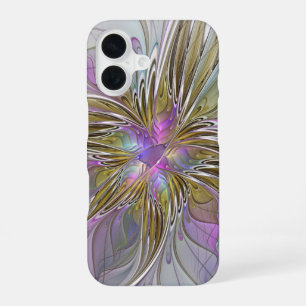 Coque iPhone 16 Couleurs Florales Abstraites Fractales Avec Rose &