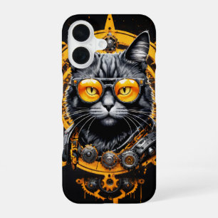 Coque iPhone 16 Couverture de chat jaune cyber futuriste