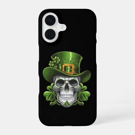 Coque iPhone 16 Crâne de Sucre Saint Patrick Shamrock (Verso)