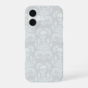 Coque iPhone 16 Crâne flamme Damas en blanc classique sur blanc