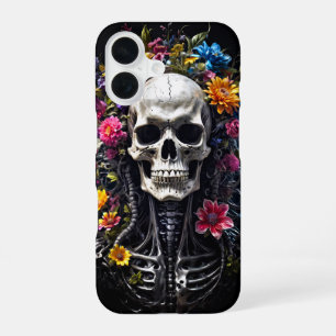 Coque iPhone 16 Crâne fleuri sur couverture noire