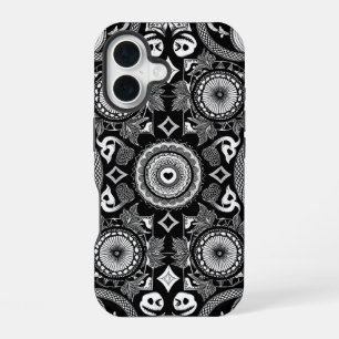 Coque iPhone 16 Crânes et mandalas ornementaux (noir et blanc)