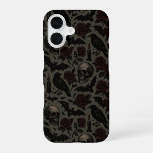 Coque iPhone 16 Crânes gothiques, corbeaux et Motif Rose