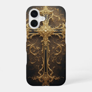Coque iPhone 16 Croix dorée ornée avec de riches détails baroques