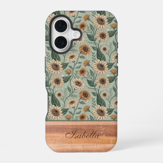 Coque iPhone 16 Custom Boho Sunflowers Wood Effect (Verso)