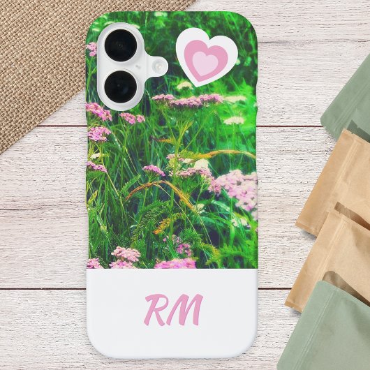 Coque iPhone 16 Custom Monogram Floral Meadow Pink White