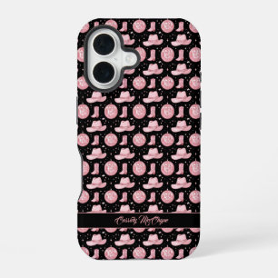 Coque iPhone 16 Cute Black Personnalisée Fille Rose Cowgirl