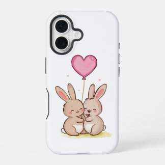Coque iPhone 16 Cute Bunny Pair with Heart Balloon Phone Case 