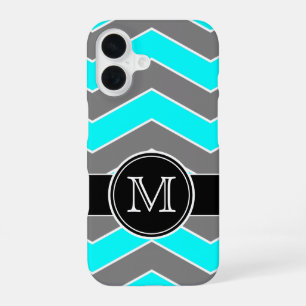 Coque iPhone 16 Cyan Bleu, Gris, Chevron Noir, Monogrammé
