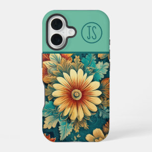 Coque iPhone 16 Daisy Abstraite et Feuilles Botaniques Monogrammée
