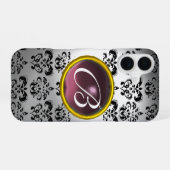 Coque iPhone 16 DAMASK GEM MONOGRAM blanc noir violet (Verso Horizontal)