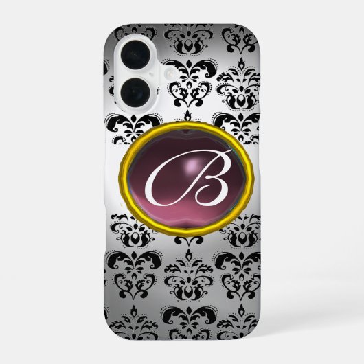 Coque iPhone 16 DAMASK GEM MONOGRAM blanc noir violet (Verso)