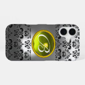 Coque iPhone 16 DAMASK GEM MONOGRAM cristal blanc jaune (Verso Horizontal)