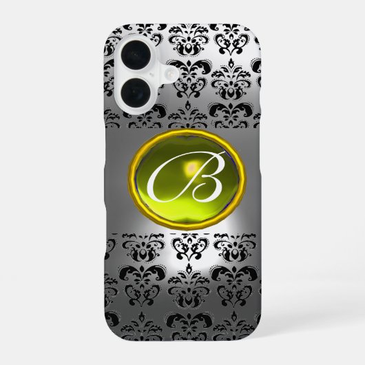 Coque iPhone 16 DAMASK GEM MONOGRAM cristal blanc jaune (Verso)