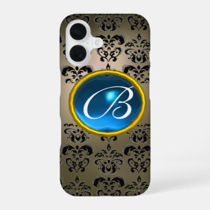 Coque iPhone 16 DAMASK GEM MONOGRAM gris bleu noir