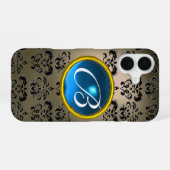 Coque iPhone 16 DAMASK GEM MONOGRAM gris noir bleu (Verso Horizontal)
