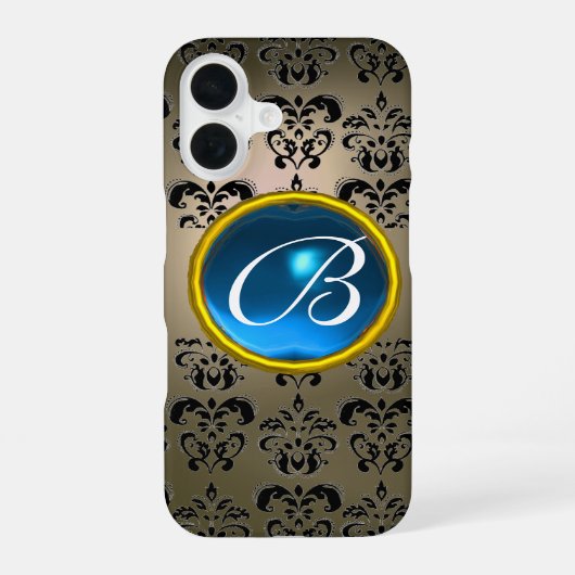 Coque iPhone 16 DAMASK GEM MONOGRAM gris noir bleu (Verso)