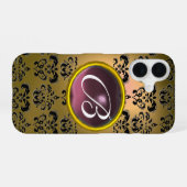 Coque iPhone 16 DAMASK GEM MONOGRAM jaune noir violet (Verso Horizontal)
