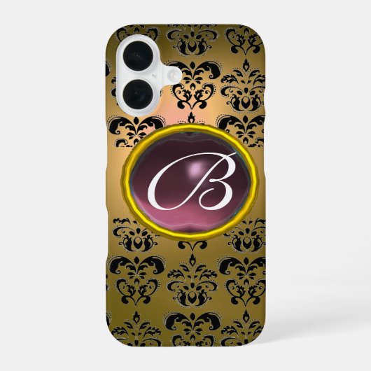 Coque iPhone 16 DAMASK GEM MONOGRAM jaune noir violet (Verso)