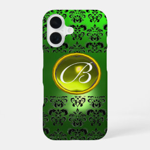 Coque iPhone 16 DAMASK GEM MONOGRAM Jaune vert