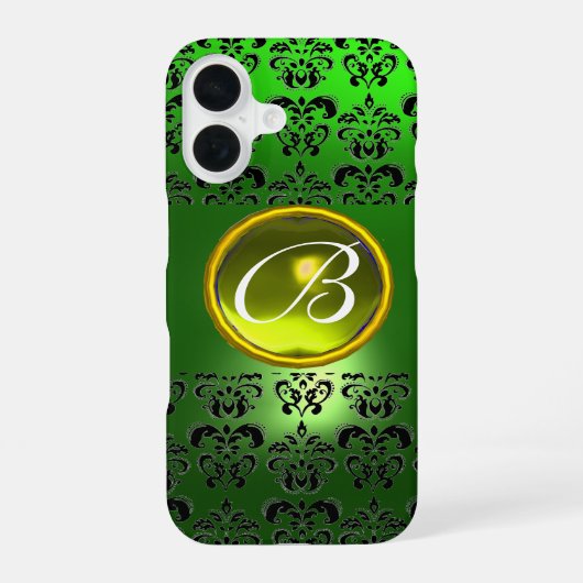 Coque iPhone 16 DAMASK GEM MONOGRAM Jaune vert (Verso)