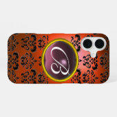 Coque iPhone 16 DAMASK GEM MONOGRAM orange noir violet (Verso Horizontal)
