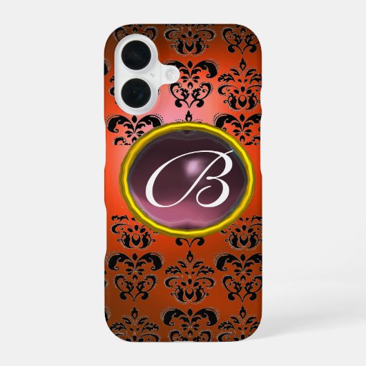 Coque iPhone 16 DAMASK GEM MONOGRAM orange noir violet (Verso)
