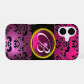 Coque iPhone 16 DAMASK GEM MONOGRAM Rose, Fuchsia Violet Améthyste (Verso Horizontal)