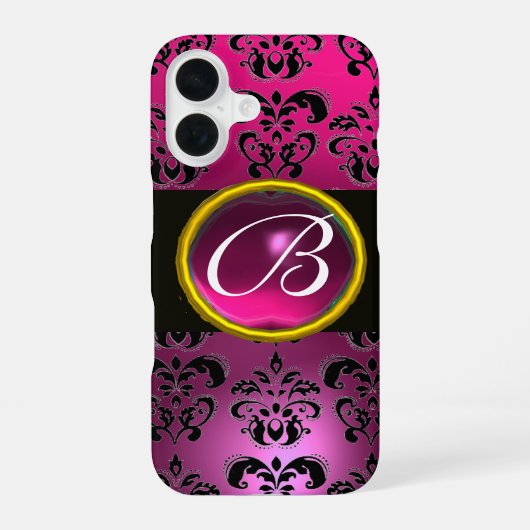 Coque iPhone 16 DAMASK GEM MONOGRAM Rose, Fuchsia Violet Améthyste (Verso)