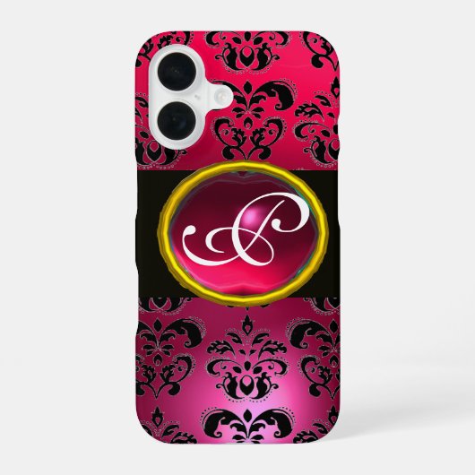 Coque iPhone 16 DAMASK GEM MONOGRAM Rose Rouge Rubis (Verso)