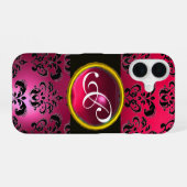 Coque iPhone 16 DAMASK GEM MONOGRAM Rouge rose Rubis (Verso Horizontal)