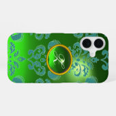 Coque iPhone 16 DAMASK GEM MONOGRAM vert (Verso Horizontal)