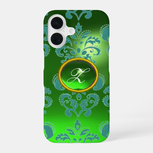 Coque iPhone 16 DAMASK GEM MONOGRAM vert (Verso)