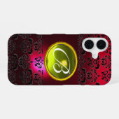 Coque iPhone 16 DAMASK GEM MONOGRAM Yellow Topaz, Ruby Rouge (Verso Horizontal)