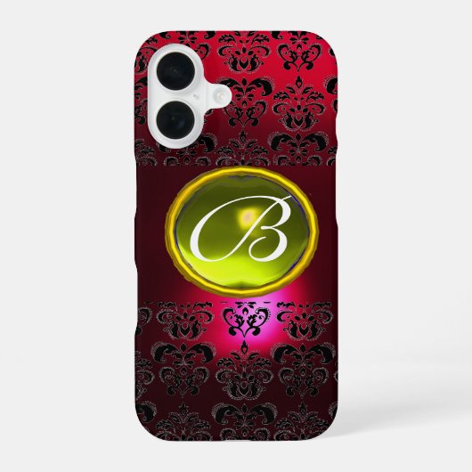 Coque iPhone 16 DAMASK GEM MONOGRAM Yellow Topaz, Ruby Rouge (Verso)