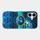 Coque iPhone 16 DAMASK GIRLY MONOGRAM ruban bleu (Verso Horizontal)
