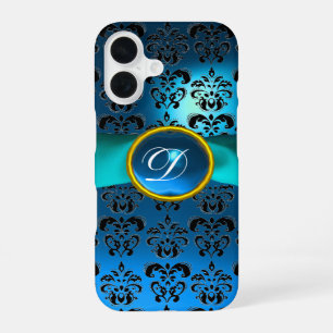 Coque iPhone 16 DAMASK GIRLY MONOGRAM ruban bleu