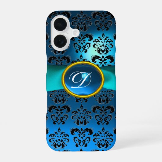 Coque iPhone 16 DAMASK GIRLY MONOGRAM ruban bleu (Verso)