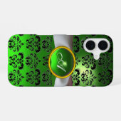 Coque iPhone 16 DAMASK GIRLY MONOGRAM ruban vert blanc (Verso Horizontal)