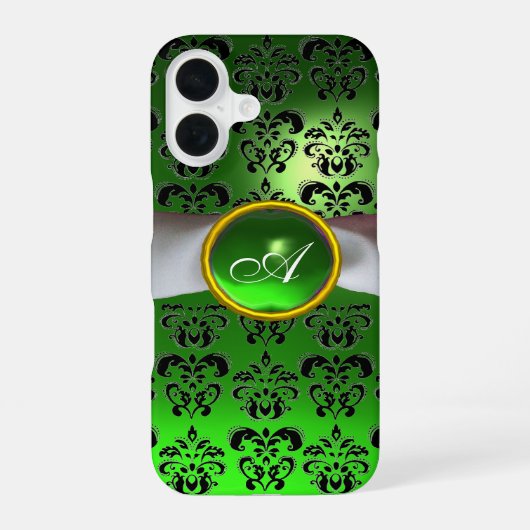Coque iPhone 16 DAMASK GIRLY MONOGRAM ruban vert blanc (Verso)
