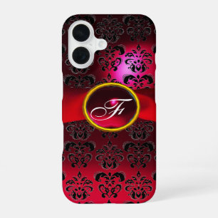 Coque iPhone 16 DAMASK MONOGRAMME rouge bordeaux ruban