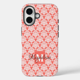 Coque iPhone 16 Damassé blanc sur joli monogramme et nom en corail