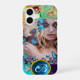COQUE iPhone 16 DAME PAPILLON BLEU, MONOGRAMME GEMME ÉTOILÉE OR SA