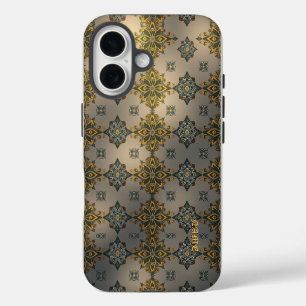 Coque iPhone 16 Damier floral doré sur gris