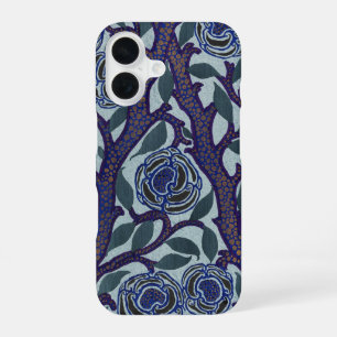 Coque iPhone 16 Décor floral de rose Art déco bleu royal et or