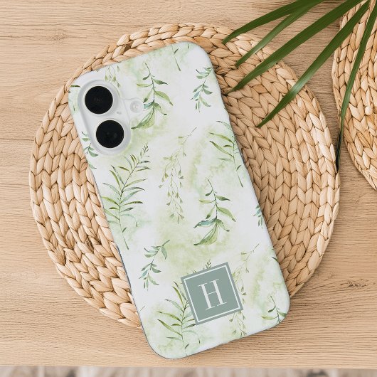 Coque iPhone 16 Délicat Ethereal Pastel Green Botanical Monogramme