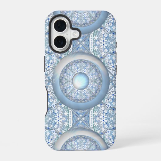 Coque iPhone 16 Dentelle céramique Bleu clair (Verso)