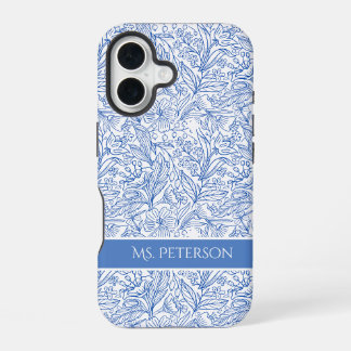 Coque iPhone 16 Design botanique bleu élégant personnalisé